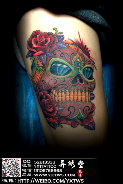 欧美风格骷髅玫瑰纹身