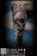 骷髅牡丹包小腿纹身
