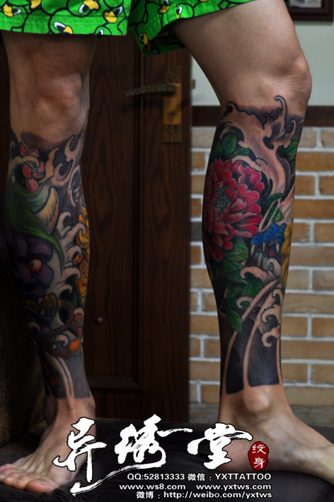 彩色传统牡丹唐狮包小腿