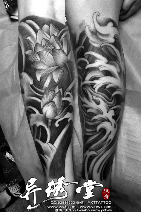 海浪莲花包小腿纹身