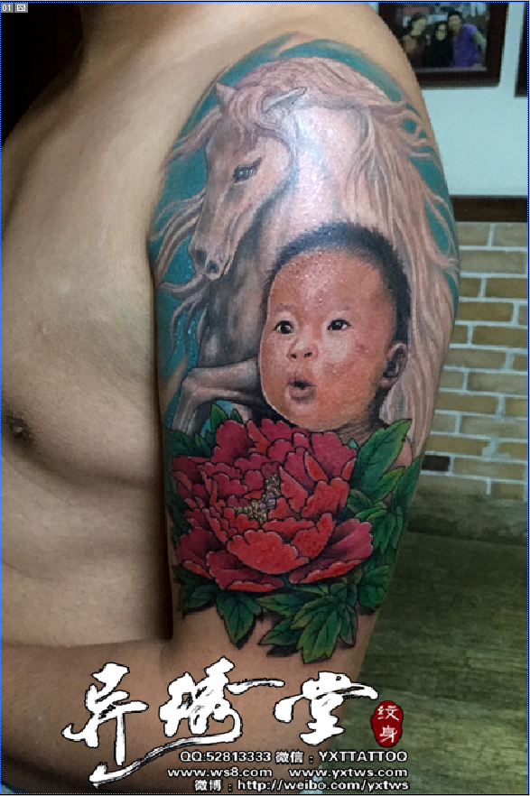 牡丹肖像马大臂彩色纹身